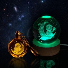 Nevamel® Işıklı Renk Değiştiren Cam Küre - Işıklı Anahtarlık Hediye Seti - Ay Üzerinde Oturan Astronot Tasarımlı
