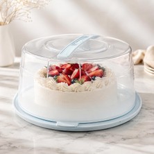 Poomy Yuvarlak Kek Pasta Saklama ve Taşıma Kabı, Şeffaf Kapaklı Kilitli Kek Fanusu, Taşıma Saplı Pasta Koruma Kabı, Plastik Servis Kutusu