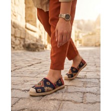 Futsi Shoes Vıola Lacivert Hakiki Deri Kilim Desenli Kadın Etnik Desen Espadril Ayakkabı