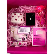 Perry Accessories Kararmaz Çelik Pembe Kalp Kolye ,kalp Anahtarlık ,solmaz Gül ,doğal Taş Bileklik ve Kalp Kupa Set