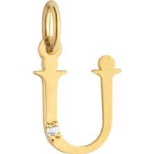 Duyum Gold 14 Ayar Altın Işıltılı Taşlı Ü Harfi Tasarım Kolye Ucu