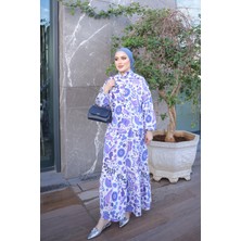 İmaj Butik Mor Yarım Düğmeli Kol Lastikli Eteği Katlı Viskon Elbise
