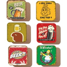 AyrStore Pi Dekorasyon Bira Temalı 6lı Retro Ahşap Bardak Altlığı Seti