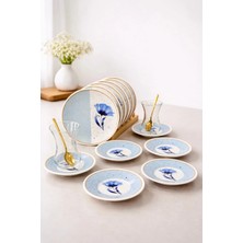 Hooly Home Mavi Gelincik Model 6 Kişilik 12 Parça Çay Seti (6 Adet Tatlı Tabağı+6 Adet Çay Tabağı)
