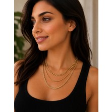 Fm 💎 Premium Gold Renk Parlak ve Şık 3'lü Katmanlı Zincir Kombin 316L Çelik Kadın Kolye (45cm)