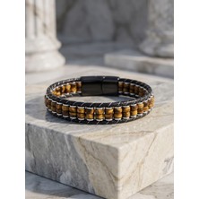 Parmas Design Kaplan Gözü ve Hematit Çelik Örgülü Deri Erkek Hediye Bileklik 01896