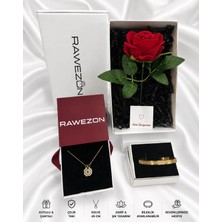Rawezon Nerovia Yonca Red Set - Çelik Gold Yonca Kolye- Ayetel Kürsi Bileklik ve Kırmızı Gül Sevdiklerinize Hediye Set