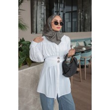 İmaj Butik Beyaz Gizli Düğmeli Kemer Detaylı Gömlek