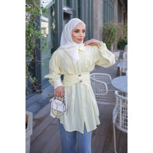 İmaj Butik Sarı Gizli Düğmeli Kemer Detaylı Gömlek