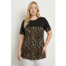 Stil Diva Bisiklet Yaka Kısa Kollu Leopar Desenli Esnek Kumaşlı T-Shirt