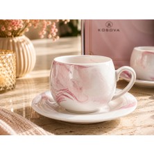 Be-Lis Kosova 6 Kişilik Porselen Türk Kahvesi Fincan Takımı – Pembe Mermer Desenli Premium Kahve Seti | Modern ve Şık Tasarım