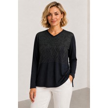 Bihan Store Kadın V Yaka Taş Detaylı Uzun Kollu Bluz Y26-1085 - Lacivert
