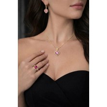 Çelik Pembe Zirkon Taşlı Kolye Küpe Yüzük 3 Lü Gold Rengi Takı Seti