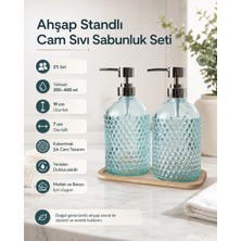 PratikBir Ahşap Standlı Ikili Cam Sıvı Sabunluk Seti