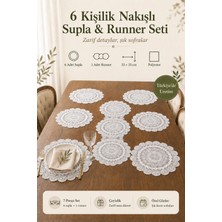 Fabrix Home 6 Kişilik Nakışlı Amerikan Servis Supla ve Runner Seti 7 Parça Çeyizlik Masa Dekorasyon Takımı