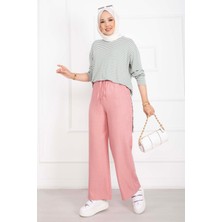 MDS Beli Lastikli Keten Pantolon Pudra
