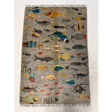 El Dokuma Afgan Halı Balıklı Desenli Bordo Renk Kök Boya 101 x 150 cm