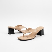Ne&Ve Shoes Bej Deri Parmak Arası Kadın Kalın Topuklu Terlik