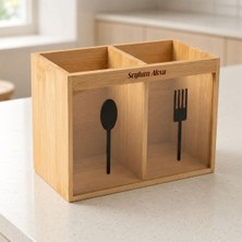 Bk Gift Kişiye Özel 2 Bölmeli Bambu Kaşıklık, Doğal Ahşap Mutfak Düzenleyici 18X9X13 cm