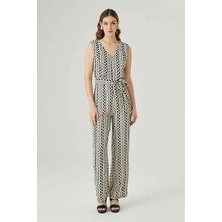Gusto V Yakalı Monogram Tulum - Ekru