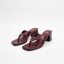 Ne&Ve Shoes Bordo Deri Parmak Arası Kadın Kalın Topuklu Terlik