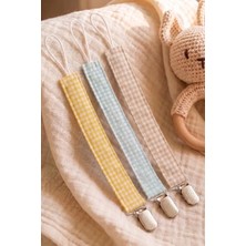 3'lü Set Sarı Mint Bej Pötikare Doğal Kumaş Bebek Emzik Askısı Diş Kaşıyıcı Tutucu Klips 26X2 cm