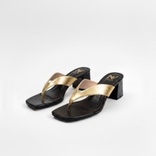 Ne&Ve Shoes Altın Deri Parmak Arası Kadın Kalın Topuklu Terlik