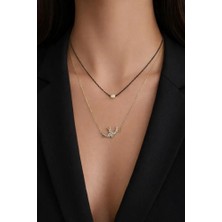 Kuş Figürlü Tek Taşlı 2 Renkli Çift Zincir Gold Rengi Kolye