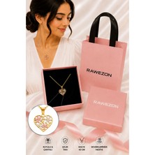 Rawezon Kutulu Çantalı Gold Renk Çelik Pembe Çiçekli Kalp Kolye - Kadına Sevgiliye Doğum Günü Hediyesi