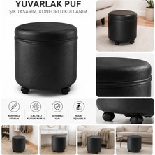 Ratemo Mobilya Siyah Nubuk Kumaş 5 Tekerlekli Yuvarlak Puf – Modern Dekoratif Oturma Pufu