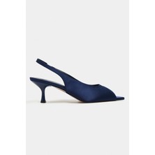 Nişantaşı Shoes Salva Lacivert Saten Sivri Burun Önü Açık Kadın Topuklu Ayakkabı