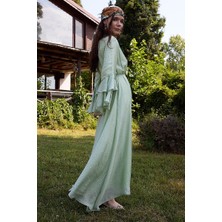 Zülays Tencel Kolu Volanlı Elbise Yeşil