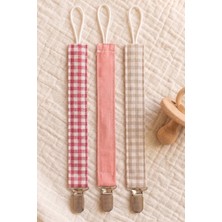 3'lü Set Kırmızı Bej Pötikare Somon Pembe Doğal Kumaş Emzik Askısı Diş Kaşıyıcı Tutucu Klips 26X2 cm