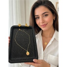 Yuvarlak Pembe Sedefli Gold Kolye