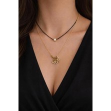 Hayat Ağacı Figürlü Tek Taşlı 2 Renkli Çift Zincir Gold Rengi Kolye