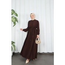 Biritli Kuşaklı Tesettür Elbise Acı Kahve  HNT7134