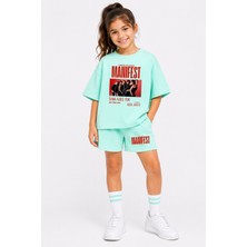 Fasardi Manifest Girls M6NIFESTGIRLS Baskılı Oversize %100 Pamuk Tişört Şort 2li Çocuk Takım