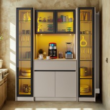 Sarıoğlu Mobilya Viena Sand Maxi Modern Kahve Köşesi Ünitesi Komple Mdf LED Işıklı Vitrinli Büyük Boy Kahve Dolabı 170X205 cm