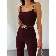 Defy Moda Kadın Zincir Askılı Krop Ithal Krep Bluz ve Pantolon Ikili Takım