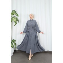 Boydan Düğmeli Kuşaklı Katlı Elbise Koyu  Gri  HNT8593