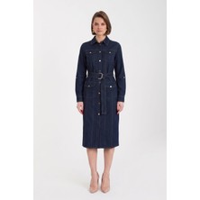 Denim Görünümlü Kolu Apoletli Bel Kemerli Elbise. EL-4503-B