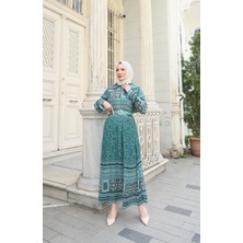 Desenli Boydan Piliseli Kemerli Şifon Elbise Mint Yeşili  HNT2968