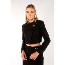 Glenda Siyah Asimetrik Astar ve Vatkalı Crop Ceket