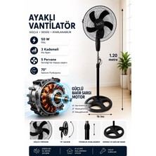 Luvroshe Ayaklı Vantilatör  Bakır Sargılı  Uzun Ömürlü Motor Siyah 16 Inç  50 W, 5 Pervaneli, 3 Kademeli, 120 cm Yükseklik