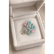Gümüş Rengi Pembe Mavi Çiçekli Bijuteri Broş