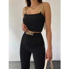 Defy Moda Kadın Zincir Askılı Krop Ithal Krep Bluz ve Pantolon Ikili Takım