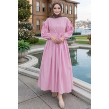 Belden Piliseli Bağcıklı Düğme Detaylı Elbise Pembe   HNT0310