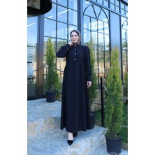 Düğme Detaylı Pileli Tesettür Elbise Siyah HNT8528