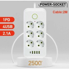 Tastech 6 Lı Priz 6 Soket 220V 4usb 5V2.1A 1 Pd 2.1A Şarj Termal Akım Korumalı Priz 2 Metre Kablo Çoklu Priz