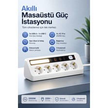 Matechno 5'li Topraklı Çoklu Priz 2500W | 2 USB + 2 Type-C Hızlı Şarj | Dokunmatik 3 Kademeli LED Gece Lambası | 2 Metre Kablo | Duvara ve Masa Altı Asılabilir Grup Priz Uzatma
